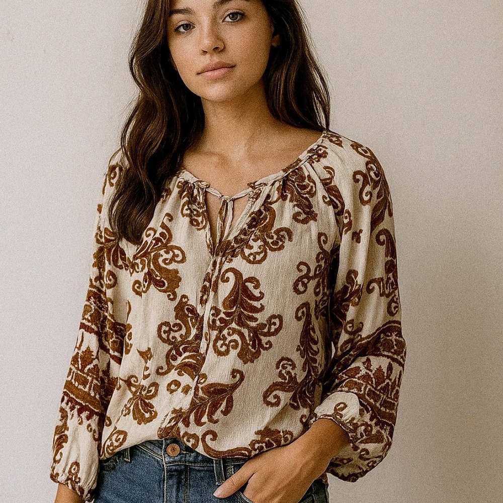 Natural Reflections Paisley Print V Neck Tassels Long Sleeve Top Women's L Boho